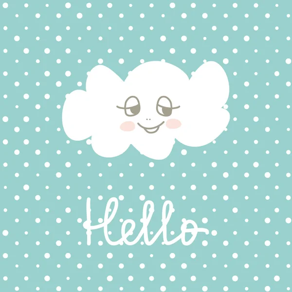 Carino Happy Cloud cartone animato su fondo pentole a pois . — Vettoriale Stock