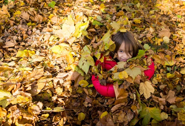 Petit garçon heureux ludique dans les feuilles d'automne dans le parc — Photo