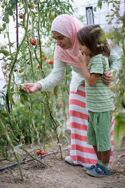 Giovane ragazza araba musulmana con bambino che lavora in serra — Foto Stock