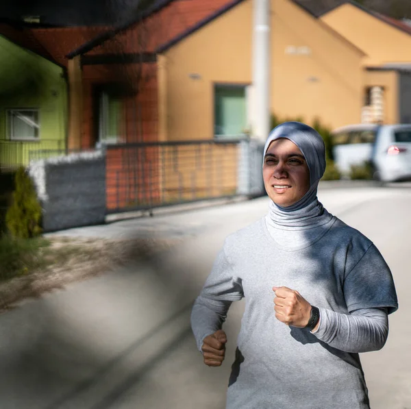 Arabic Adult Woman Running Nature Exercising — Stock Photo, Image