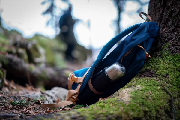 Uma Mochila Caminhante Descansando Uma Árvore — Fotografia de Stock