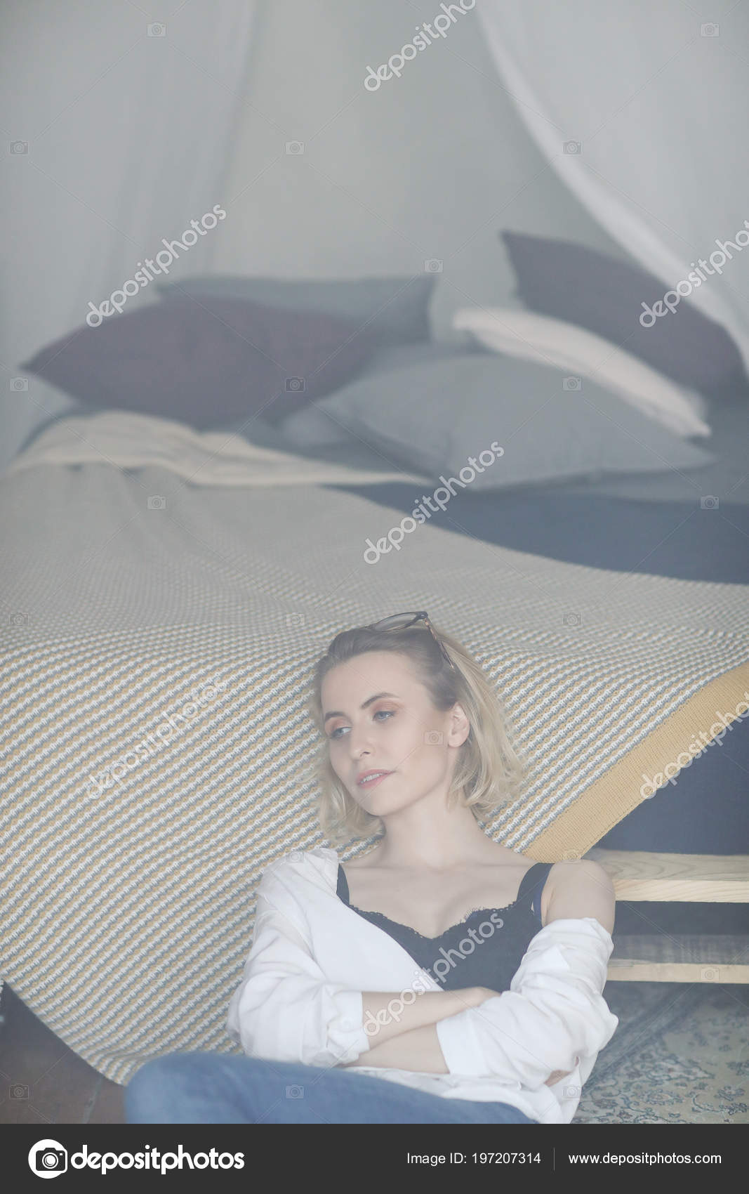 Young Woman Sitting Floor Room Full Smoke Stock Photo