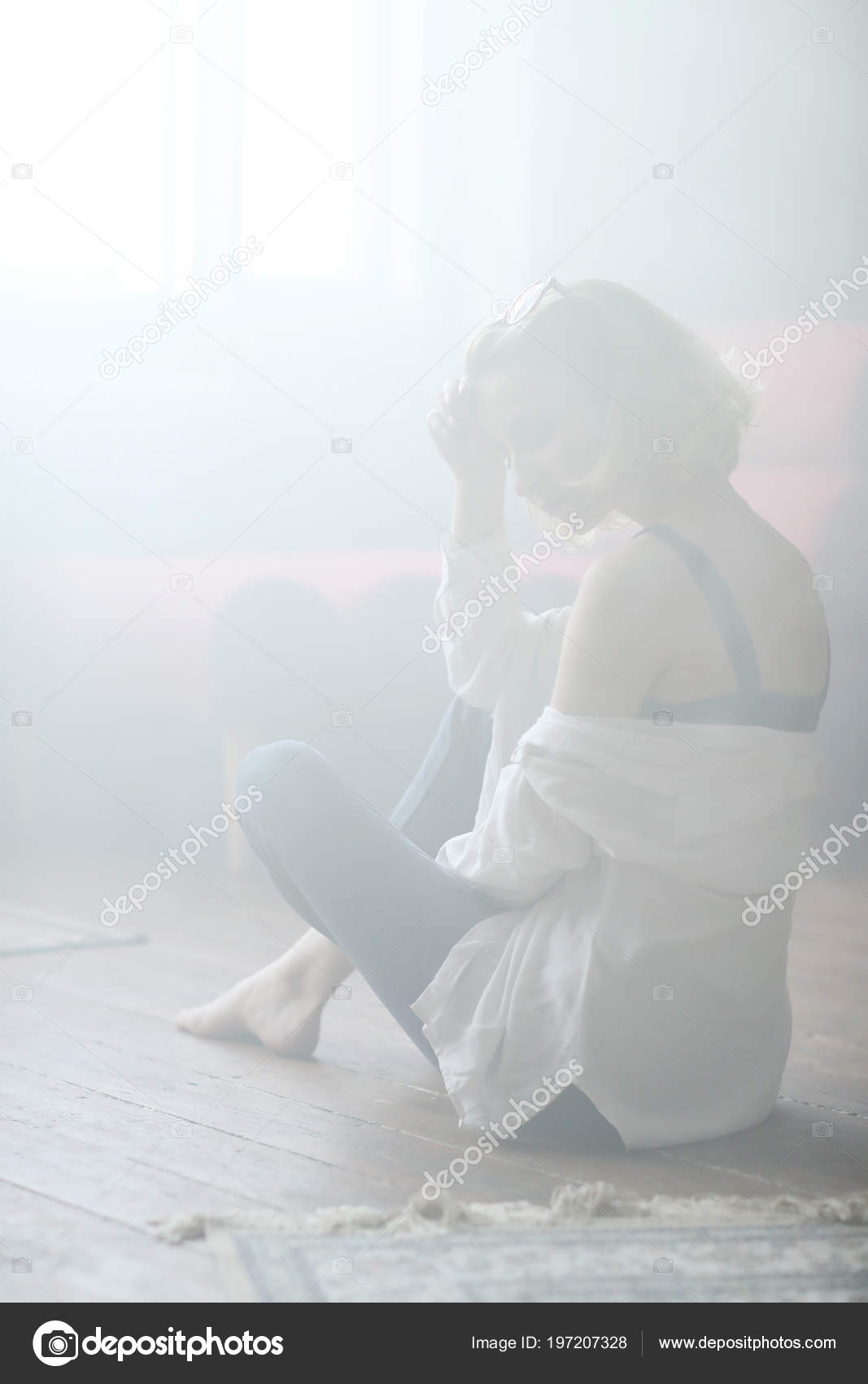 Young Woman Sitting Floor Room Full Smoke Stock Photo