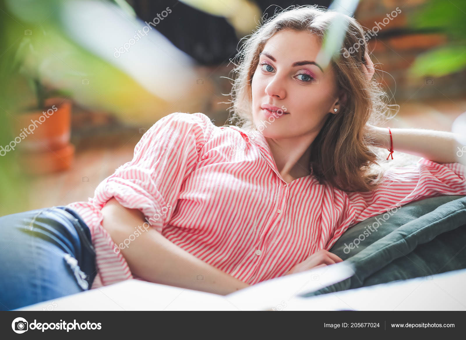 Lifestyle Beautiful Natural Woman Relaxing Home Stock Photo