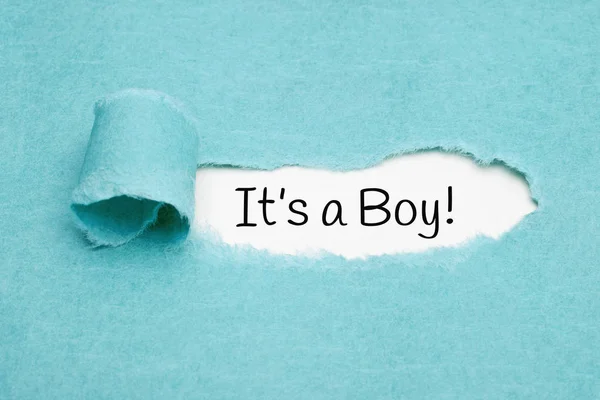 Aankondiging Het Boy Verschijnen Achter Blauw Papier Gescheurd — Stockfoto