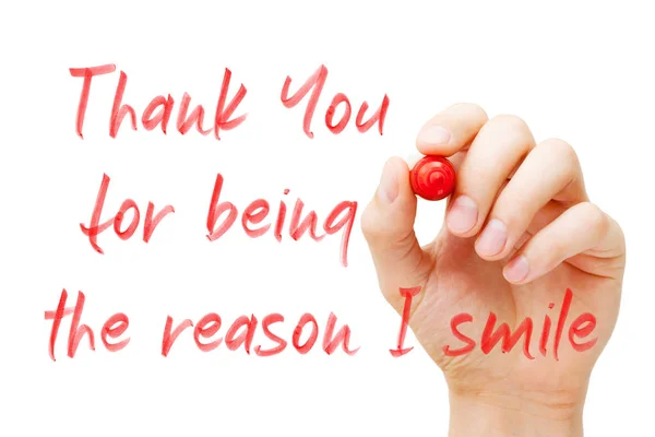 Hand Writing Quote Thank You Being Reason Smile Red Marker — Stock Photo, Image