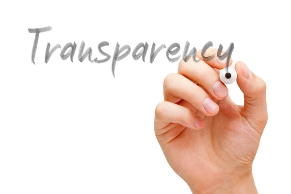Mão Escrevendo Palavra Transparência Com Marcador Preto Painel Limpeza Transparente — Fotografia de Stock