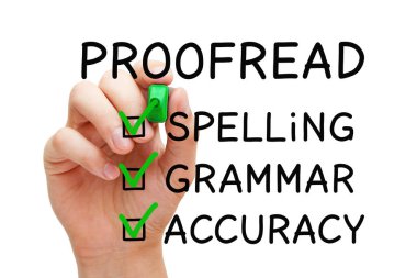 Hand filling Proofread checklist concept with checked boxes on spelling, grammar and accuracy. clipart