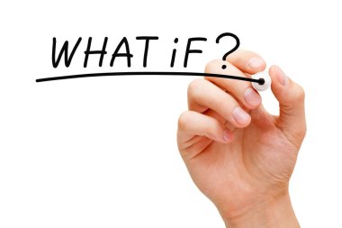 Hand writing the question What If? with black marker on transparent wipe board isolated over white. clipart