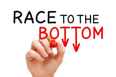 Hand writing Race to the Bottom or Price War concept with marker on transparent wipe board isolated on white. clipart