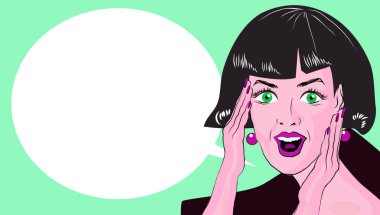 Kabarcık pop sanat Vay. Sürpriz kadın Garı ağızlı. Komik VINTAGE poster bir kızla. Pop Art konuşma balonu bir kadınla Illustration. Boşaltmak