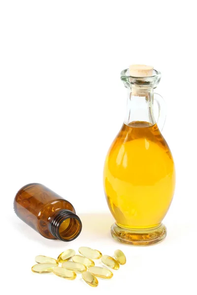 Vitamin Capsules Glass Bottle Oil White Background — Stock Photo, Image