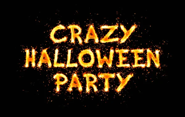 Őrült Halloween Party Tüzes Felirat Fekete Háttér — Stock Fotó