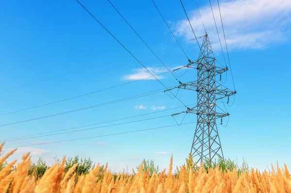 Ligne Haute Tension Sous Ciel Nuageux Bleu — Photo