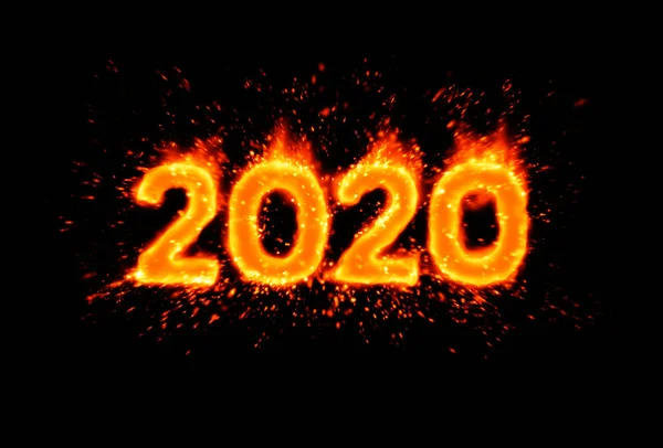 Neujahr 2020 (flammende Nummer auf schwarz) — Stockfoto