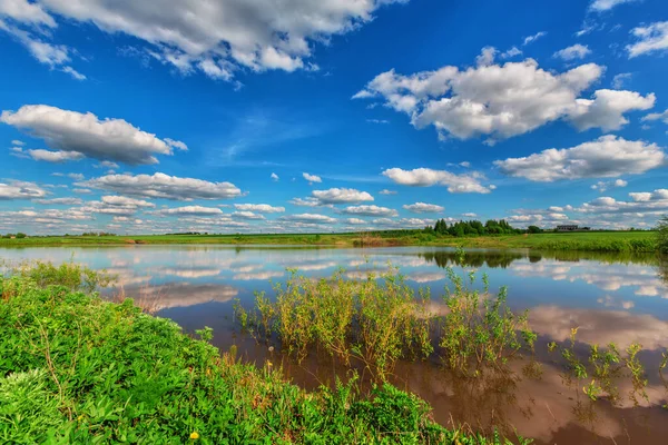 Specchio Liscio Stagno Sotto Cielo Nuvoloso Blu Giorno Estate Paesaggio — Foto Stock