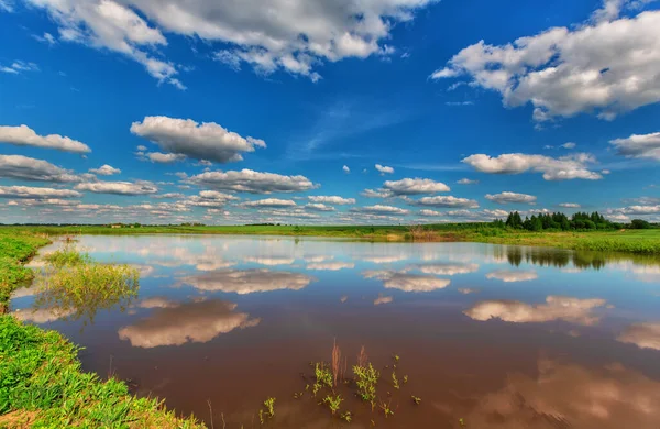 Espejo Liso Estanque Debajo Del Cielo Azul Nublado Día Verano —  Fotos de Stock