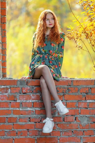 ドレスを放棄された場所でレンガ造りの上に座っている10代の女の子 浅いドーフ — ストック写真