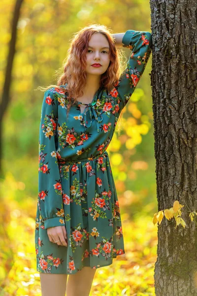 Teen Girl Dress Tree Trunk Autumn Forest Shallow Dof — Stock Photo, Image
