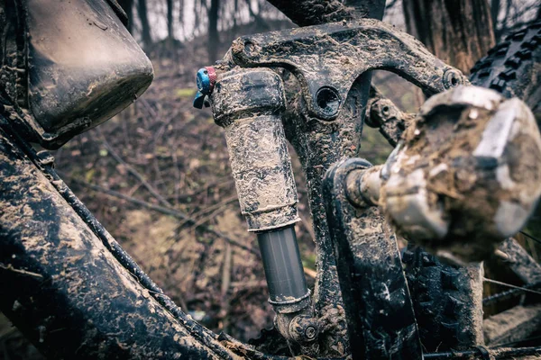 Vtt Vélo Sale Cassé Gros Plan Vélo Vtt Avec Boue — Photo