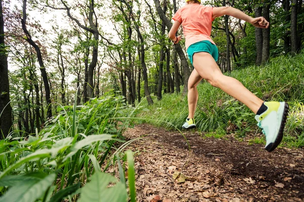 Νεαρή Γυναίκα Τρέχει Στο Καταπράσινο Δάσος Αντοχή Αθλητισμός Κατάρτισης Δρομέας — Φωτογραφία Αρχείου