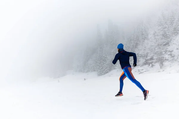 Kobieta Biegania Śniegu Zimie Gór Lasu Sport Fitness Inspiracji Motywacji — Zdjęcie stockowe