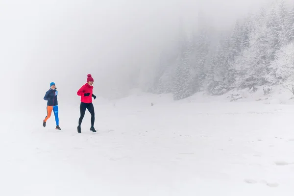 Дівчата Бігають Разом Снігу Зимових Горах Спорт Натхнення Фітнесу Мотивація — стокове фото