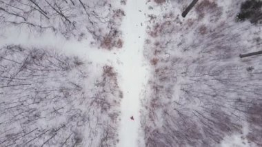 Beyaz kış orman yolu, üstten görünüm dron havadan görüntüleri ile aşağıdan yukarı hareket runner üzerinde çalışan adam. İlham fitness ve motivasyon kavramı. Stabilize görüntüleri gimbal. 4 k Dlog ile vurdu.