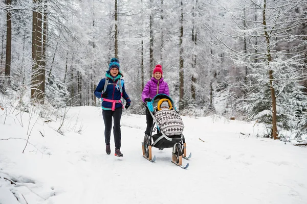 母亲带着婴儿车与女性朋友或伴侣一起享受冬林 家庭时间 徒步和跑步的女人与雪橇婴儿车 团队合作的概念 美丽的冬季励志山 — 图库照片