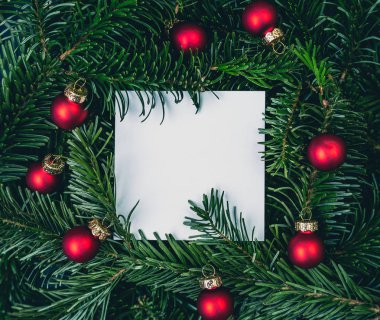 Noel kartı Not kırmızı topları ile yeşil çam ağacı dalları üzerinde. En iyi portre görünümü ile kopya alanı.