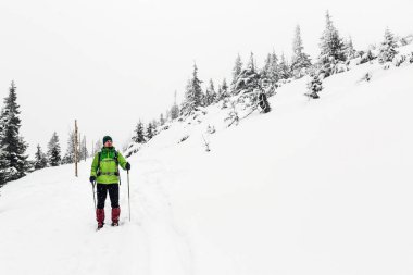 Kış trek beyaz ormanda. Adam Kış beyaz ormanda doğa yürüyüşü hiking. Rekreasyon fitness ve sağlıklı yaşam güzel karlı doğada açık havada seyahat. Motivasyon ve ilham verici beyaz kış manzarası.
