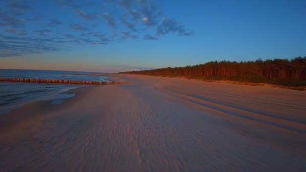 Vzdušný Výhled Západ Slunce Nad Písečnou Velkou Pláží Lesem Krásného — Stock video