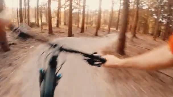 シングルトラックの長い道路上の緑の森の中で日没のマウンテンバイクに乗る 森林極端な速度サイクリング 最初の人の視点を表示ポフ ジンバル安定化ビデオ Gopro Hero4 — ストック動画