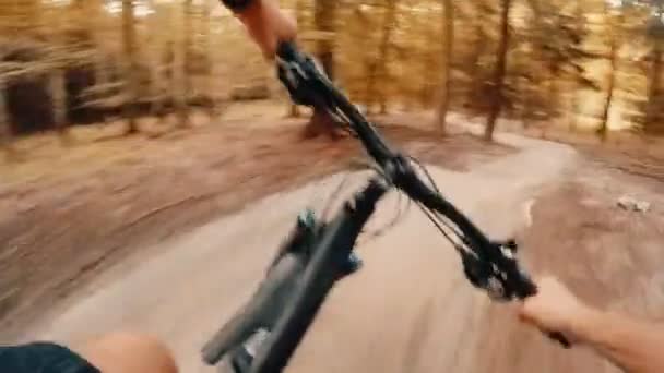 Катание Горных Велосипедах Зеленых Нарядах Одноколейной Длинной Дороге Лесной Экстремальный — стоковое видео