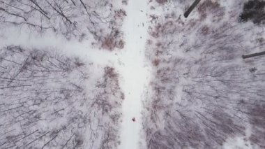 Beyaz kış orman yolu, üstten görünüm dron havadan görüntüleri ile aşağıdan yukarı hareket runner üzerinde çalışan adam. İlham fitness ve motivasyon kavramı. Stabilize görüntüleri gimbal. 4 k Dlog ile vurdu.