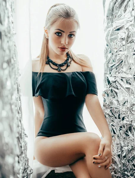 Beautiful Young Woman Posing Black Swimsuit Studio — Stock Photo, Image