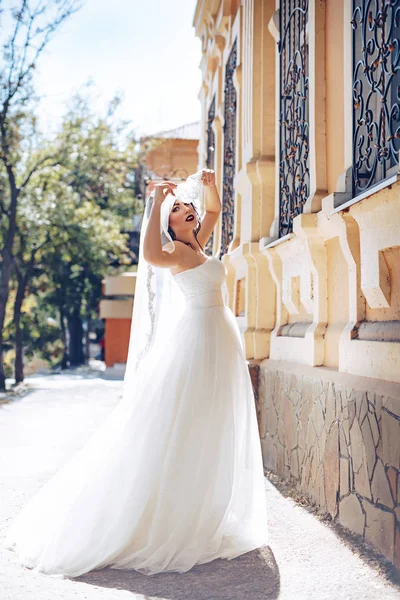 Beyaz düğün elbise poz içinde güzel genç gelin