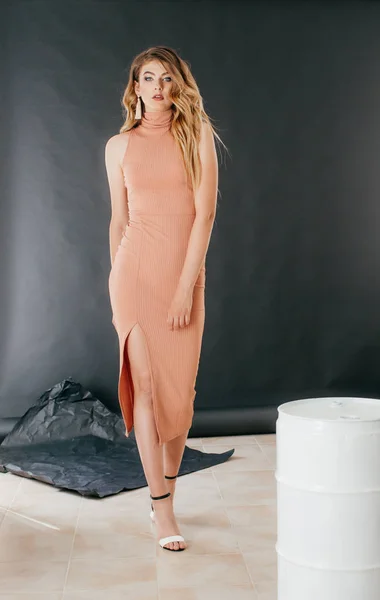 Beautiful young woman in dress and earrings  posing in studio