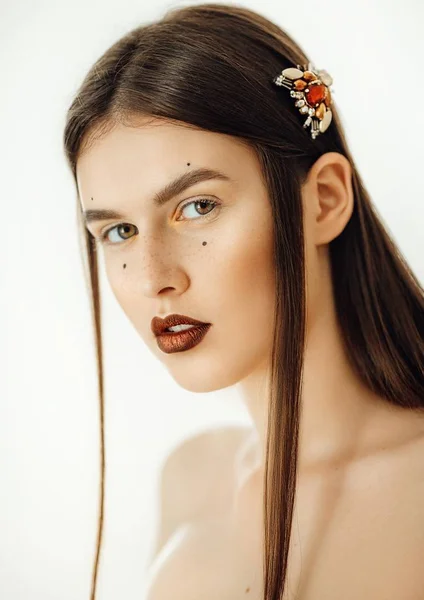 Portrait Beautiful Young Brunette Woman Makeup — Stock Photo, Image