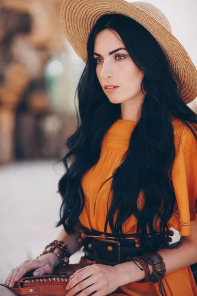 Portrait Beautiful Young Brunette Woman Makeup Orange Dress — Stock Photo, Image