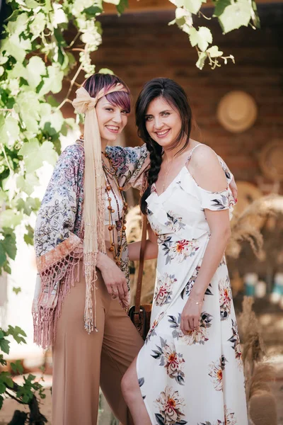 Portrait Two Beautiful Young Women Makeup Nature — Stock Photo, Image