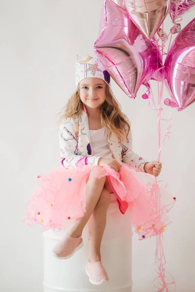 Cute Little Girl Beautiful Clothes Balloons Happy Childhood Concept — Stock Photo, Image
