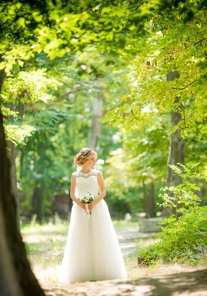 Bela Jovem Noiva Branco Vestido Noiva Posando — Fotografia de Stock