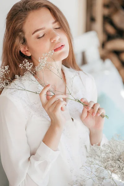 Beautiful Young Woman White Dress Posing Summer — Stock Photo, Image