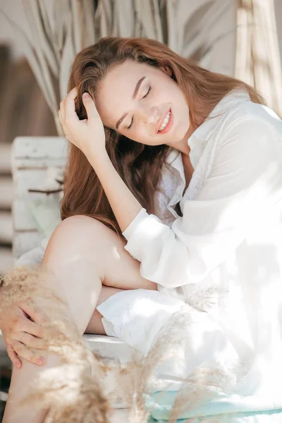 Beautiful Young Woman White Dress Posing Summer — Stock Photo, Image