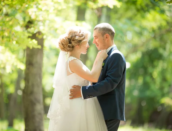 Bruden Och Brudgummen Deras Bröllopsdag Park — Stockfoto