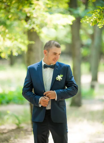 Yakışıklı damat gülümseyen ve gelin için bekliyor. Mutlu gülümseyen damat yeni evli. 