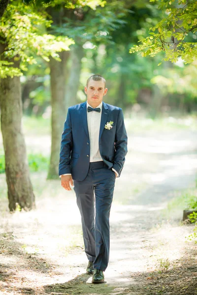 Yakışıklı damat gülümseyen ve gelin için bekliyor. Mutlu gülümseyen damat yeni evli. 