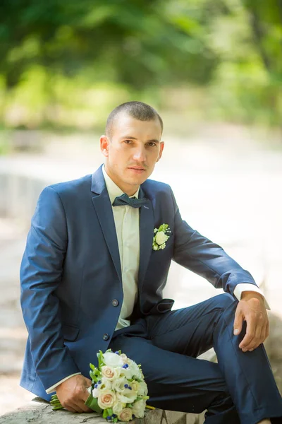 Handsome Groom Smiling Waiting Bride Happy Smiling Groom Newlywed — Stock Photo, Image