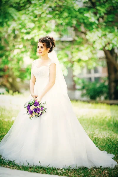 Bella Giovane Sposa Abito Sposa Bianco Posa — Foto Stock